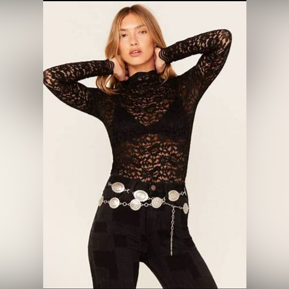 Molly Braken Black Lace Mock Neck Blouse
Size M/L